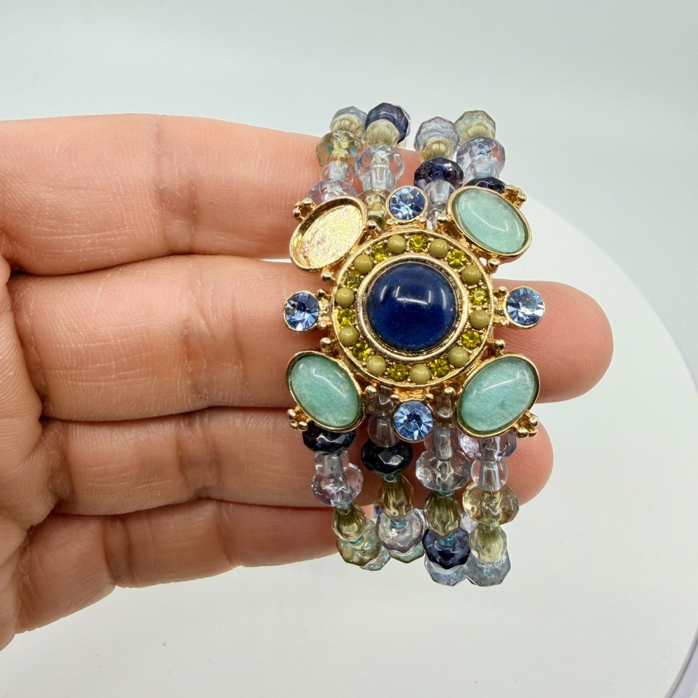 Vintage Y2K Multi Strand‎ Beaded Statement Bracelet Blue Green Gold Tone Cuff